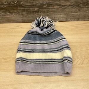 Vintage‎ Mei San Francisco Hat Cap Beanie Blue Purple Striped 100% Wool Pom Pom